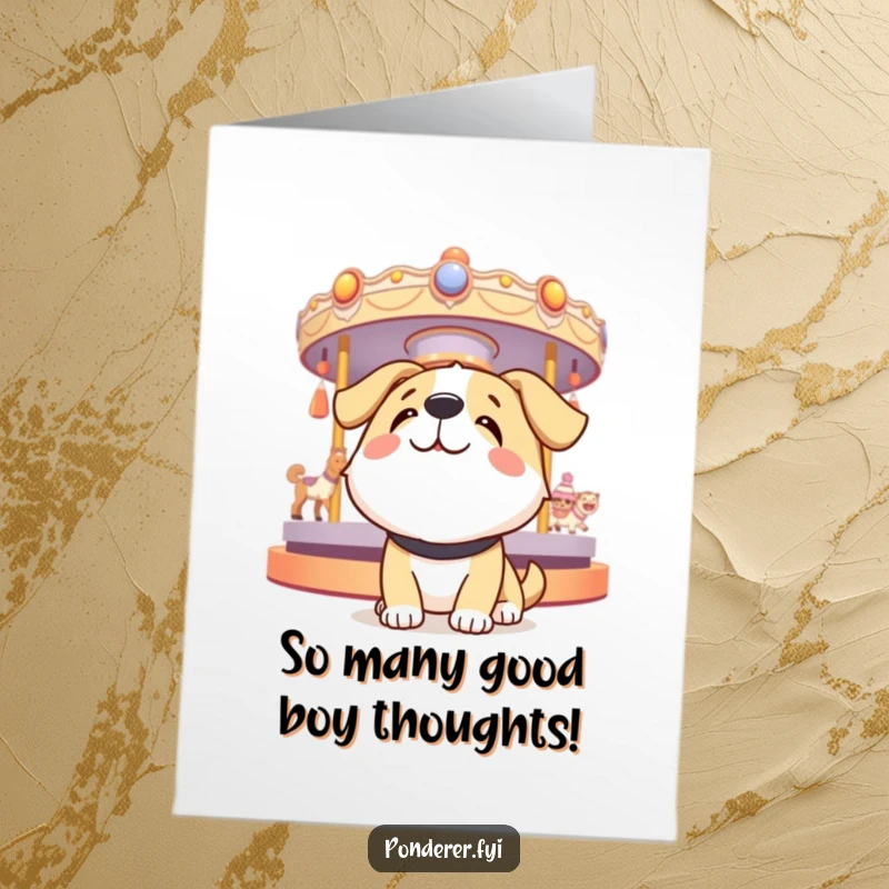Funny Free Printable Birthday Card: Happy dog looking up at a spinning carousel of thoughts, wishing happy birthday.