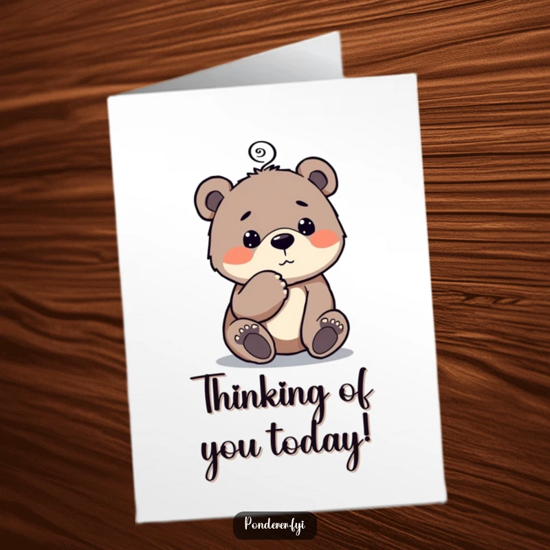 Funny Free Printable Birthday Card: Curious bear cub taps chin thoughtfully, with a spiral above its head in deep thought.