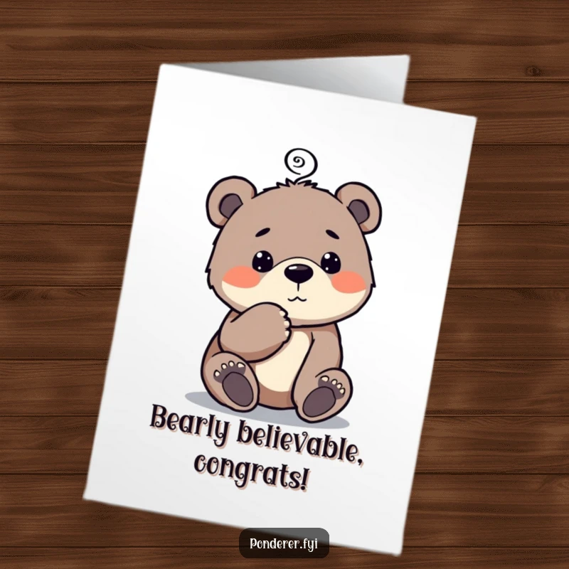 Funny Free Printable Congrats Card: Curious bear cub taps chin thoughtfully, spiral symbolizing a breakthrough, celebrating success.