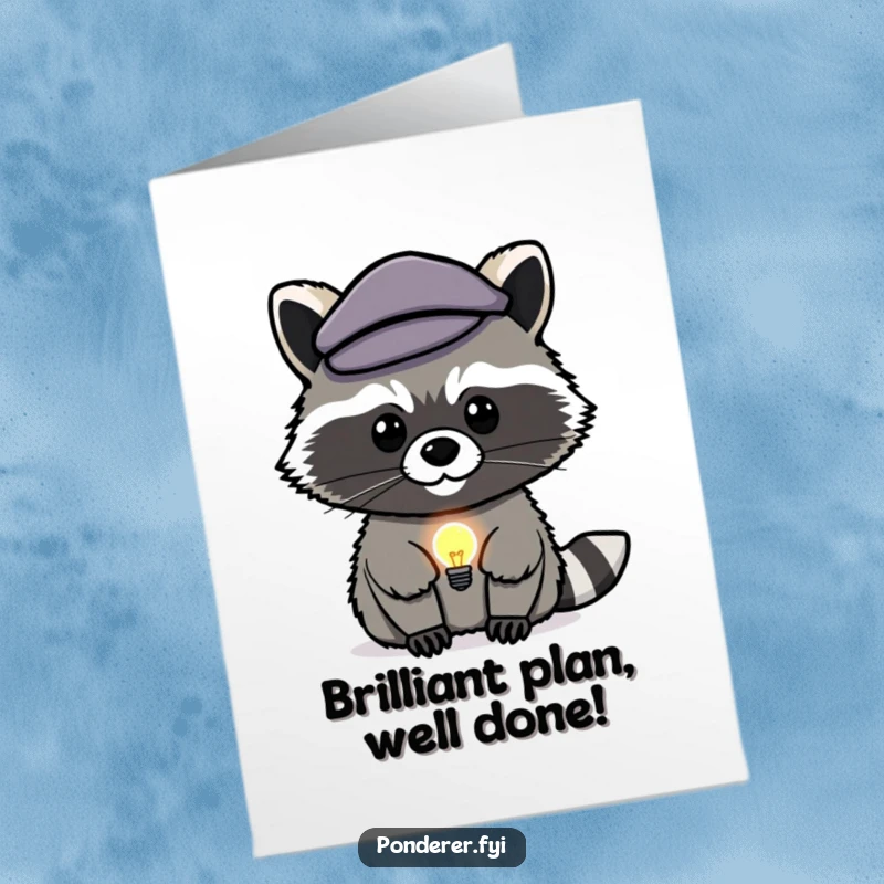 Funny Free Printable Congratulations Card: A raccoon wearing a beret strokes its chin, a lightbulb icon signifying a brilliant congratulatory idea.