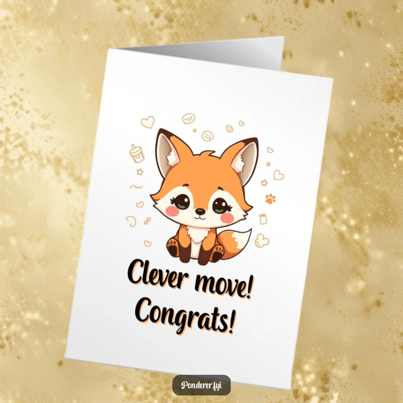 Funny Free Printable Congratulations Card: A playful fox looks puzzled amidst a whimsical scattering of floating doodles, celebrating success.