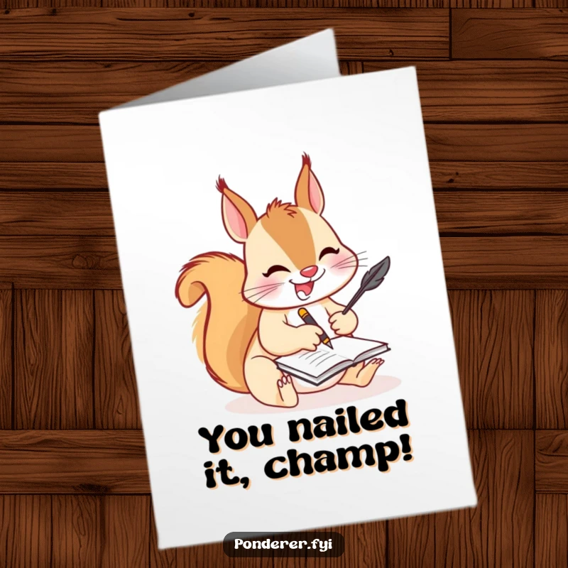 Funny free printable congratulations card of a joyful squirrel furiously writing on a notepad with a quill, perfect for celebrating success.