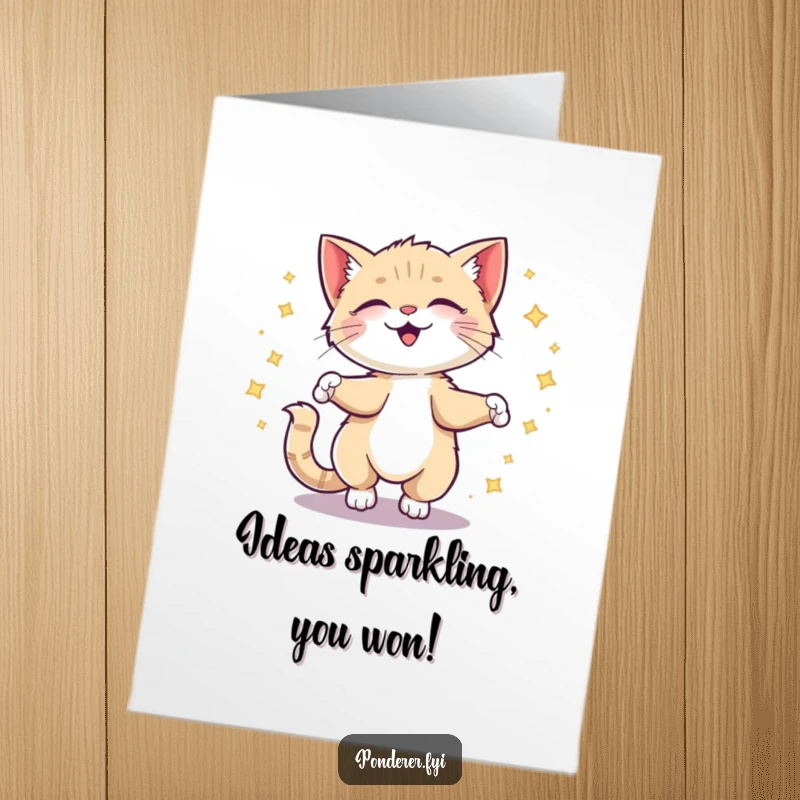 Funny Free Printable Congratulations Card: Giggling kitten with sparkling ideas trail, celebrating success with humor.