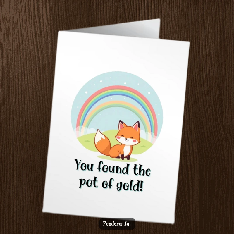 Funny Free Printable Congratulations Card: Happy fox beneath a rainbow, celebrating a win, a vibrant downloadable gift.