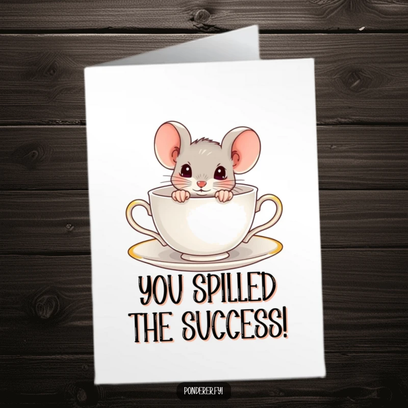 Funny Free Printable Congratulations Card: Mouse peeking from teacup, celebrating a win, a tiny but mighty downloadable gift.