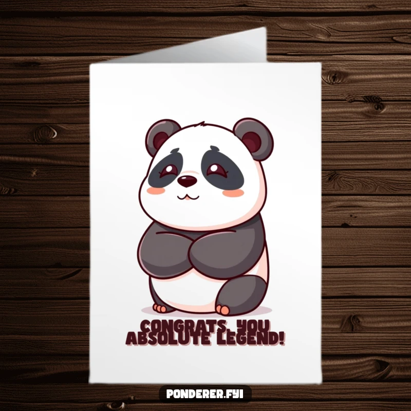 Funny free printable congratulations card featuring a playful panda bear with crossed arms, contemplating success with a humorous expression.