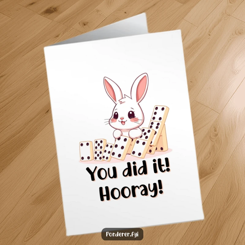 Funny free printable congratulations card featuring a smiling rabbit observing falling dominoes, symbolizing success with a humorous, delightful vibe.