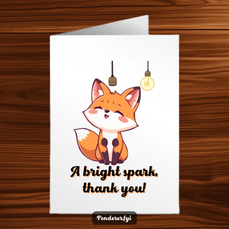 Funny Free Printable Thank You Card: A happy fox looks up at a dangling lightbulb, symbolizing gratitude for a bright idea or solution.