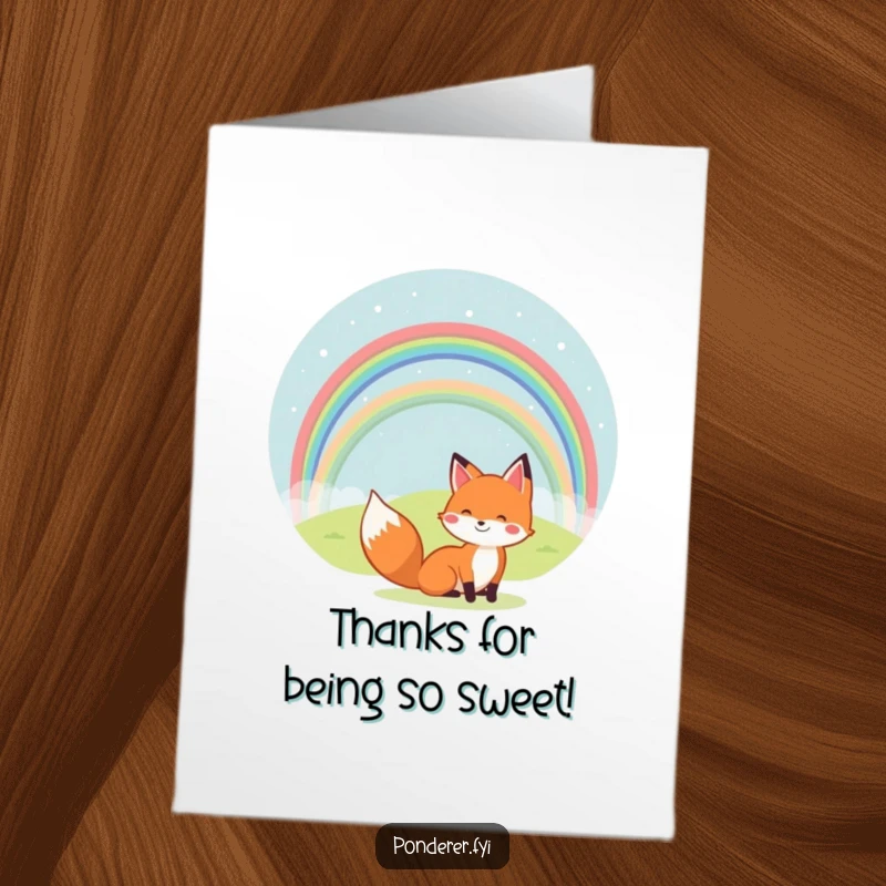 Funny Free Printable Thank You Card: Joyful fox under a rainbow, sending thanks, a colorful downloadable gift.