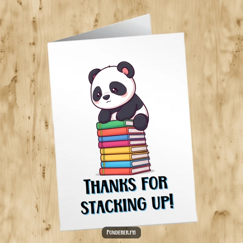 Funny Free Printable Thank You Card: A determined panda balances on stacked books, thanking for helpful and wise advice.