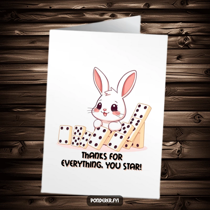 Funny free printable thank you card: a smiling rabbit watches dominoes fall, a humorous way to appreciate someone's thoughtful actions.