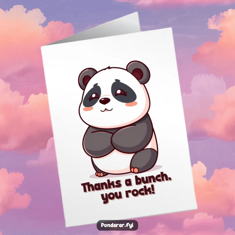 Funny free printable thank you card showing a playful panda bear with arms crossed, in deep thought, expressing gratitude humorously.