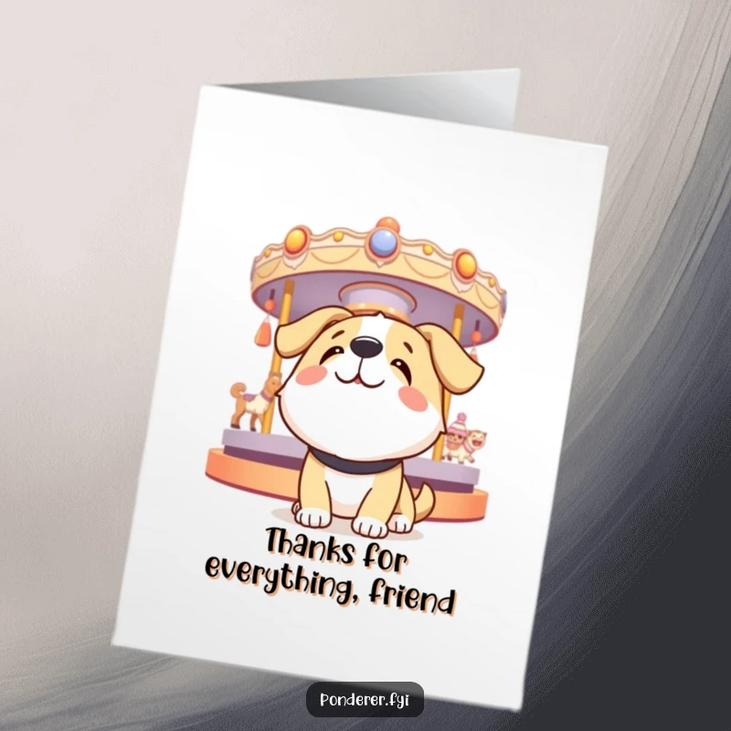 Funny Free Printable Thank You Card: Happy dog character looking up at spinning thoughts, expressing heartfelt thanks.