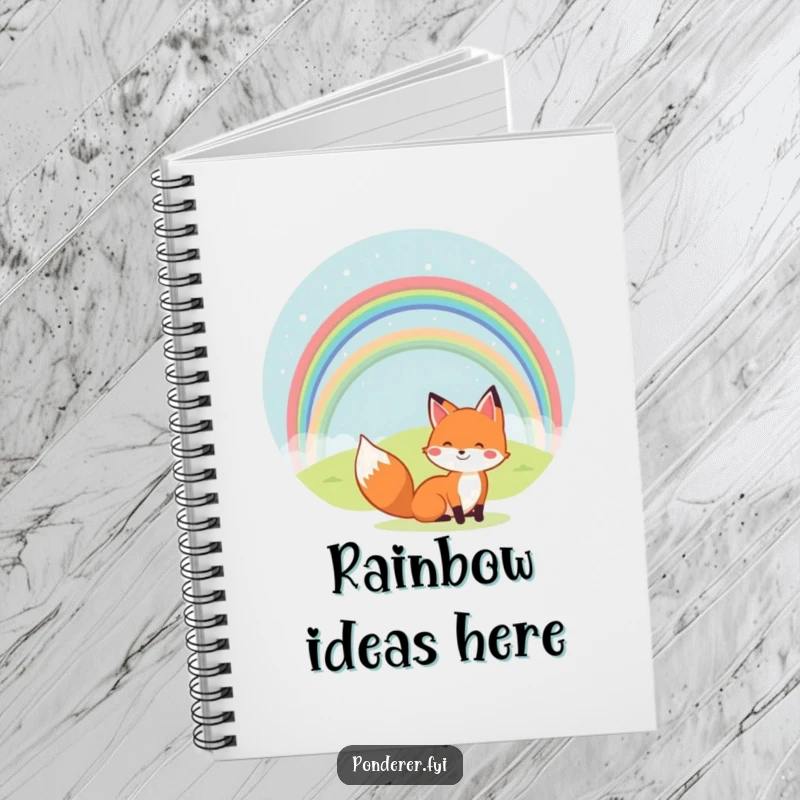 Funny notebook with a cheerful fox gazing at a rainbow over a tiny hill. Humorous journal for bright ideas.
