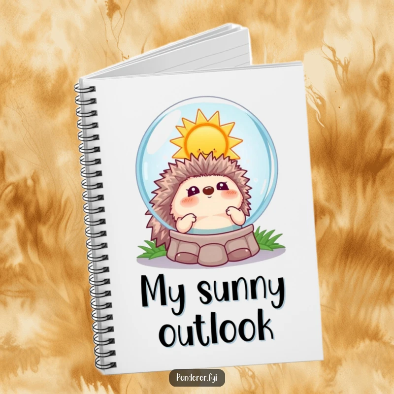 Funny hedgehog fortune notebook, showing a hedgehog gazing at a smiling sun in a crystal ball, for jotting down happy ideas.