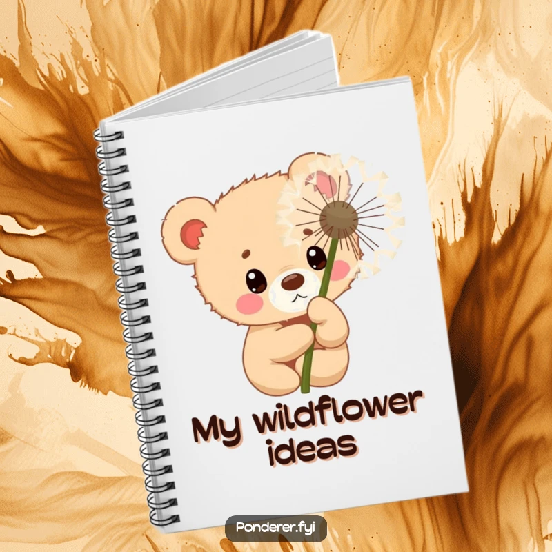 Funny curious bear cub police officer notebook, peeking behind a dandelion, perfect sketchbook.