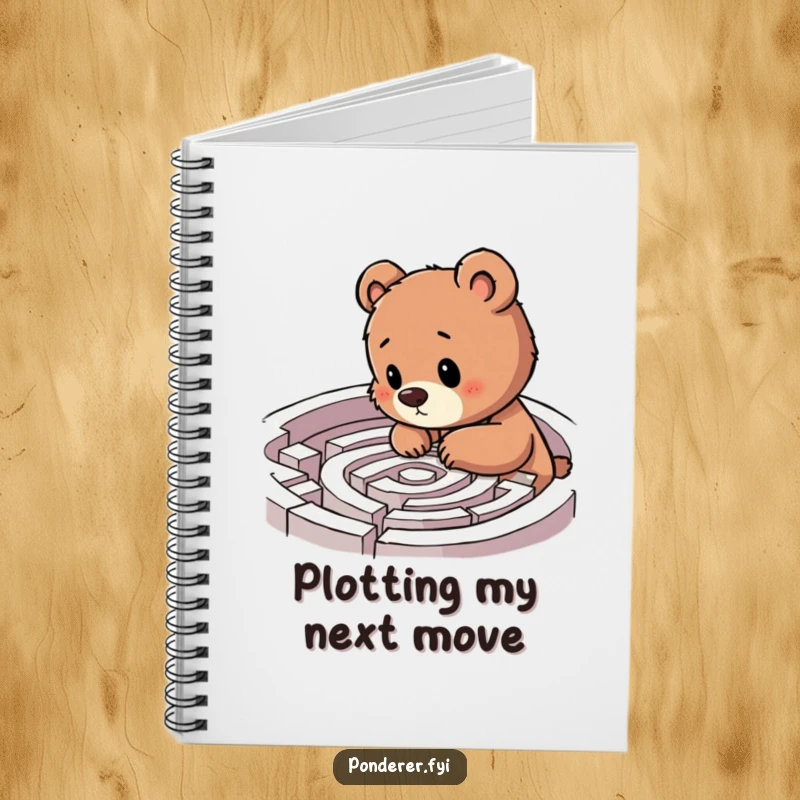 Funny bear cub labyrinth notebook, cub examining a maze with excitement, humorous journal, ideal funny gift for notes.