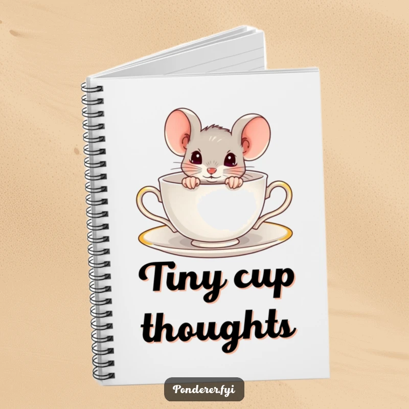 Funny notebook with a curious mouse peeking out from a teacup. Humorous journal for notes and ideas.