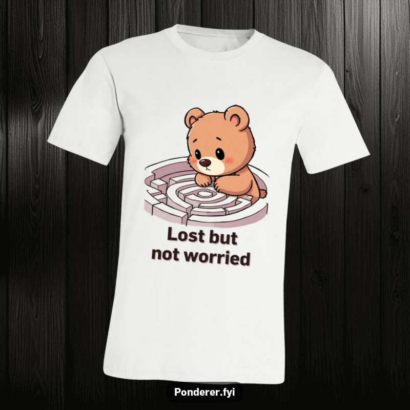 Funny bear cub t-shirt, cub exploring a labyrinth with excitement, adventurous and humorous design, perfect gift.
