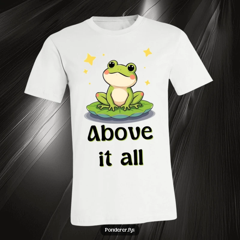 Funny t-shirt featuring a content frog sitting on a lily pad, looking up at a vast, starry night sky. Whimsical and humorous.