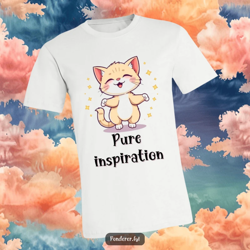 Funny kitten t-shirt showing a giggling cat spinning with a trail of sparkling ideas, representing pure creativity.