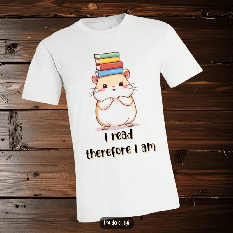 Funny hamster t-shirt with a cute hamster balancing books on its head, looking studious and adorable. Perfect for readers.