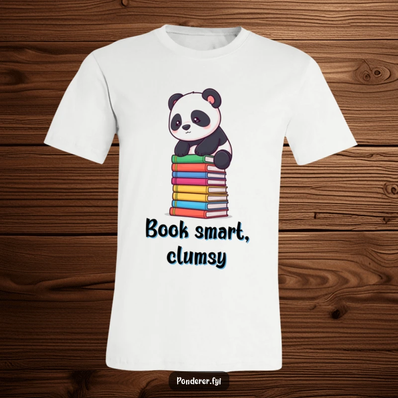 Funny panda scholar t-shirt: a determined panda balances precariously on a colorful stack of books.