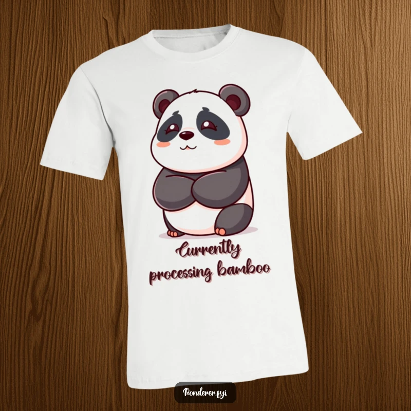 Funny panda bear t-shirt showing a playful bear with crossed arms, deep in thought and contemplation, ideal for humor.