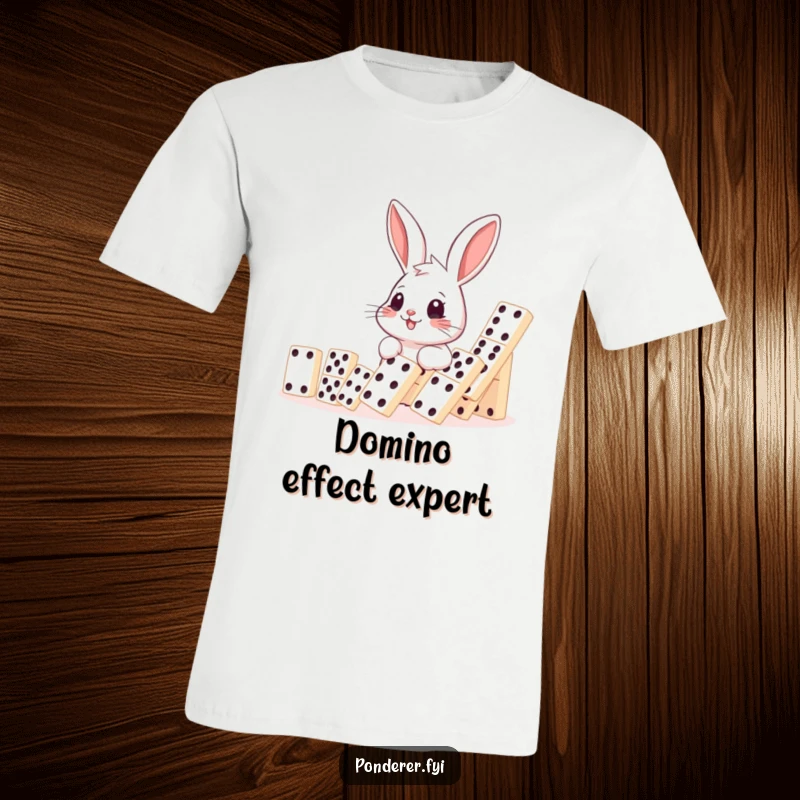 Funny rabbit t-shirt, smiling rabbit watching falling dominoes cascade, joyful and humorous apparel, perfect gift.