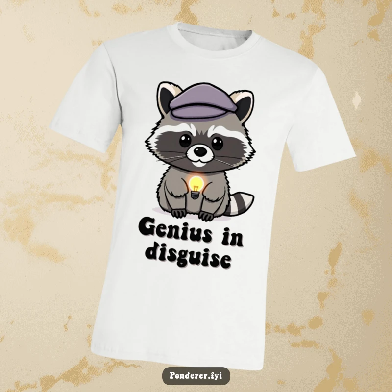 Funny raccoon genius t-shirt: a stealthy, beret-wearing raccoon ponders with a bright lightbulb.