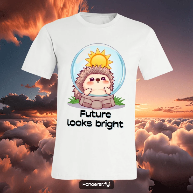 Funny hedgehog sun t-shirt, a playful hedgehog seeing a smiling sun in a crystal ball, radiating positive humor.