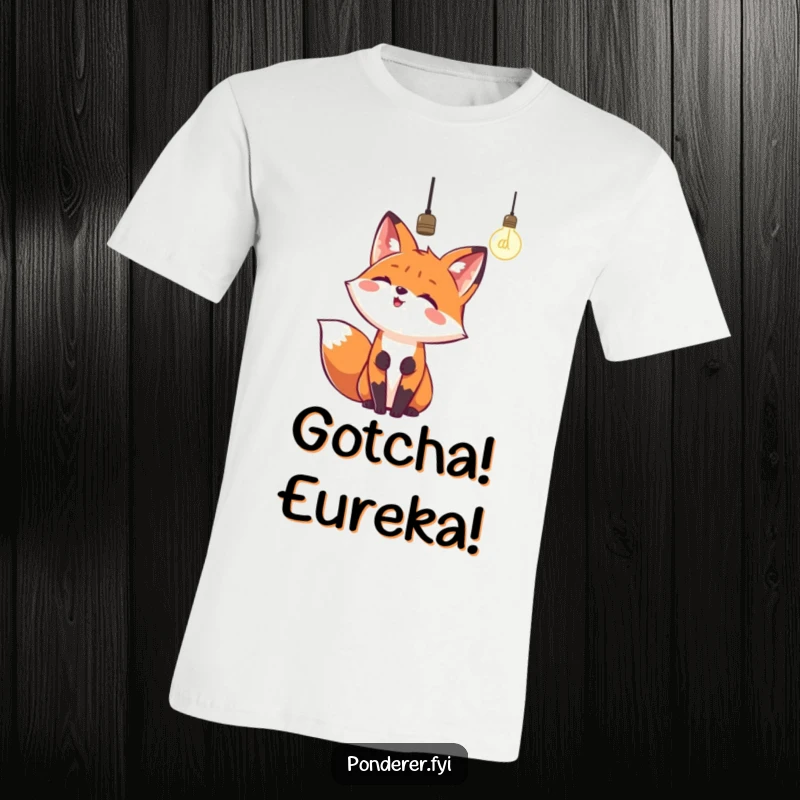 Funny t-shirt with a happy fox looking up at a glowing lightbulb, representing an idea. Cheerful and humorous.