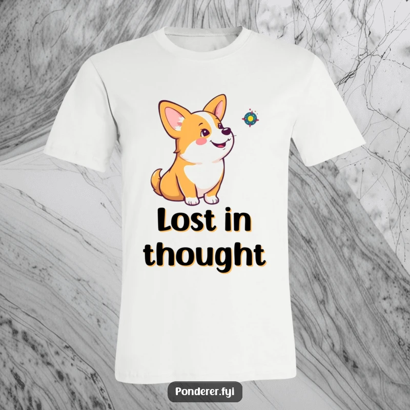 Funny corgi t-shirt, head tilted, ear perked, contemplating a small spinning galaxy, showcasing adorable dog humor.