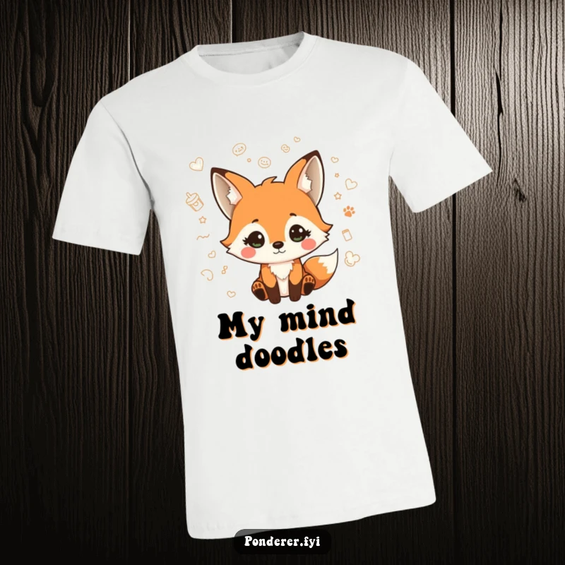 Funny t-shirt depicting a playful fox with a quizzical expression, surrounded by whimsical floating doodles, perfect for artistic souls.