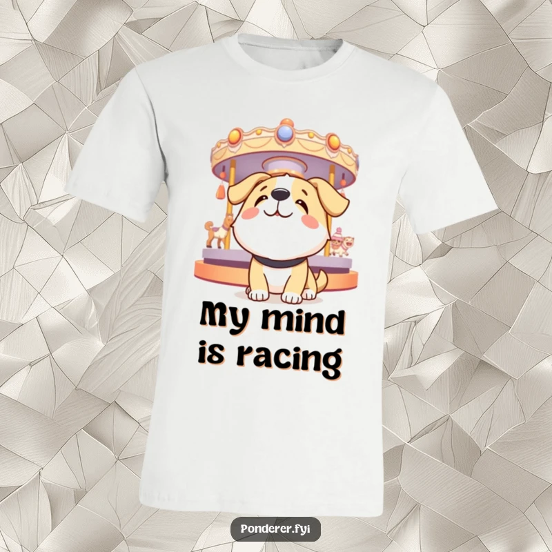 Funny dog t-shirt featuring a happy dog looking up at a spinning carousel of thoughts, symbolizing a playful and imaginative mind.