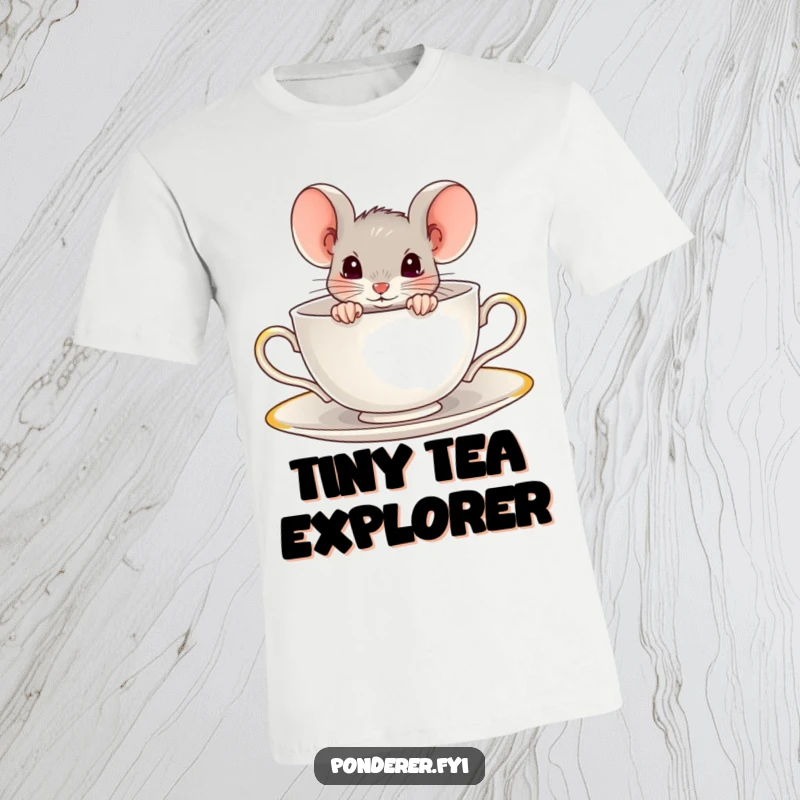 Funny t-shirt with a curious mouse peeking out from inside a teacup. Playful and humorous apparel.