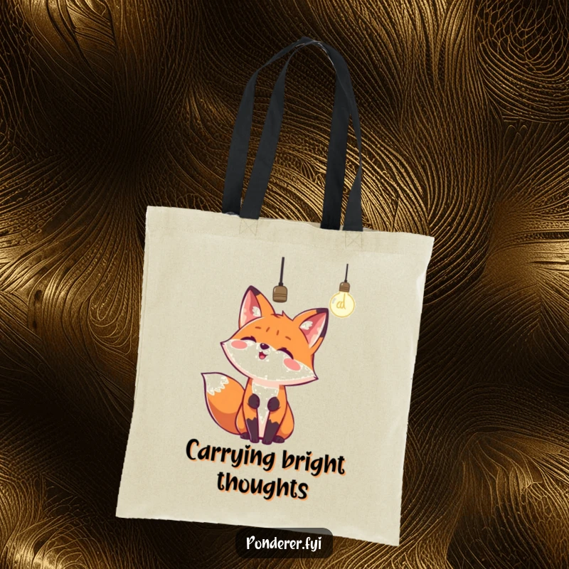 Funny tote bag with a happy fox looking up at a dangling lightbulb. A humorous and practical accessory.