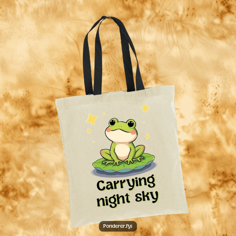 Funny tote bag illustrating a content frog on a lily pad, looking up at a starry night. Great for carrying humor.