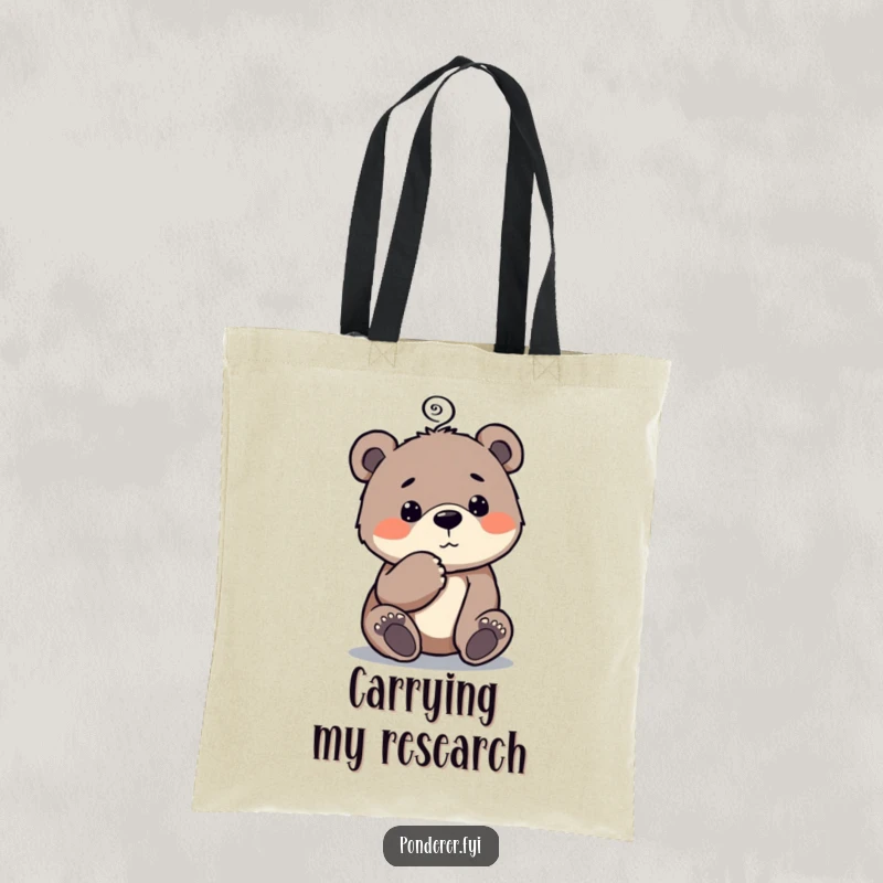 Funny Bear Cub Tote Bag: Durable bag featuring a curious bear cub tapping its chin with a thought spiral.