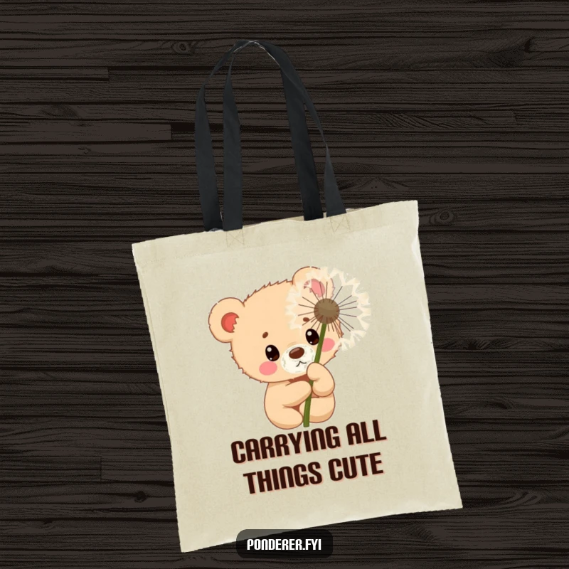 Funny curious bear cub police officer tote bag, peeking behind a dandelion, stylish and humorous accessory.