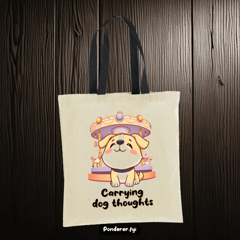 Funny dog tote bag featuring a happy dog looking up at a spinning carousel of thoughts, perfect for carrying essentials with a joyful vibe.