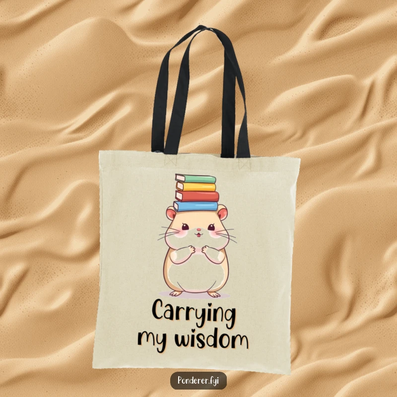 Funny hamster tote bag featuring a studious hamster balancing books, perfect for carrying novels and essentials with a smile.
