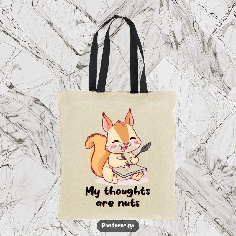 Funny squirrel scribe tote bag, a squirrel diligently writing with a quill, great for carrying creative supplies with humor.