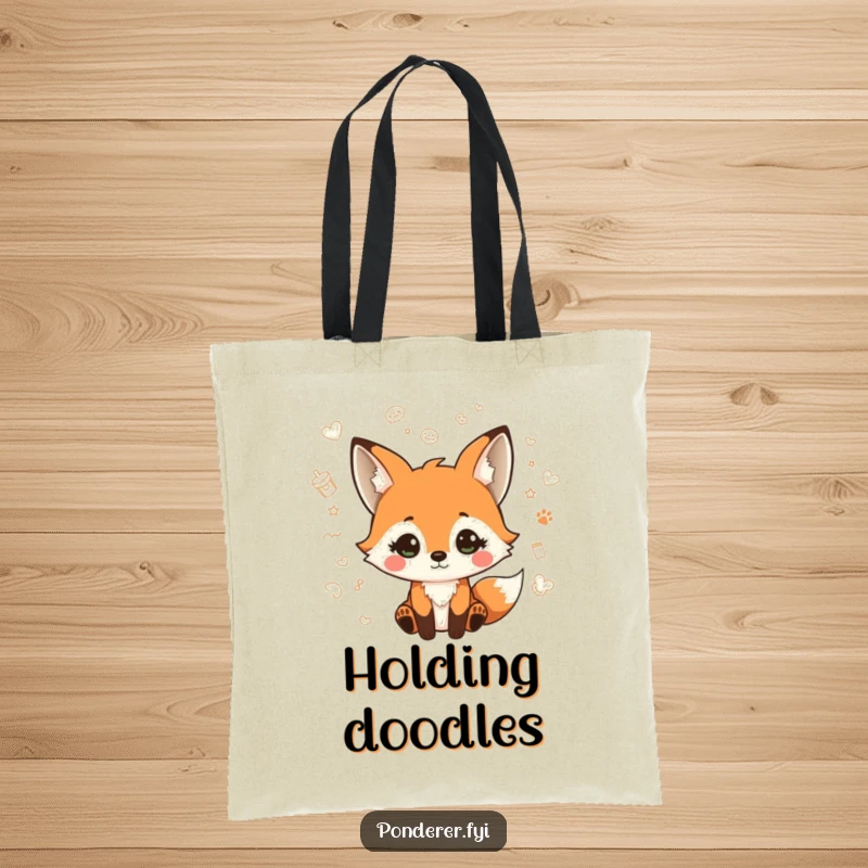 Funny tote bag showcasing a playful fox with a quizzical look, surrounded by colorful floating doodles, ideal for carrying art supplies.